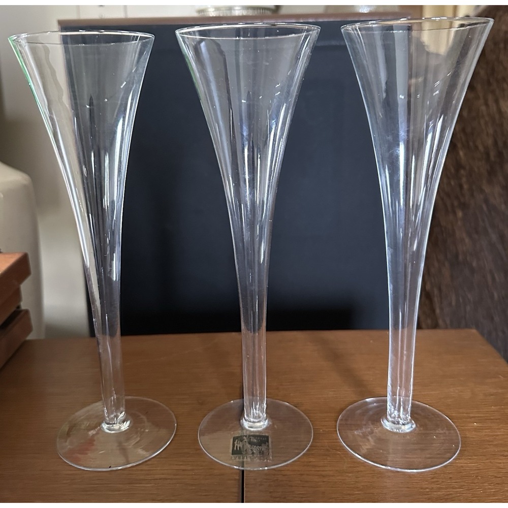3 Optic Hollow Stem Champagne Flute Farberware Hand Blown Glass Barware